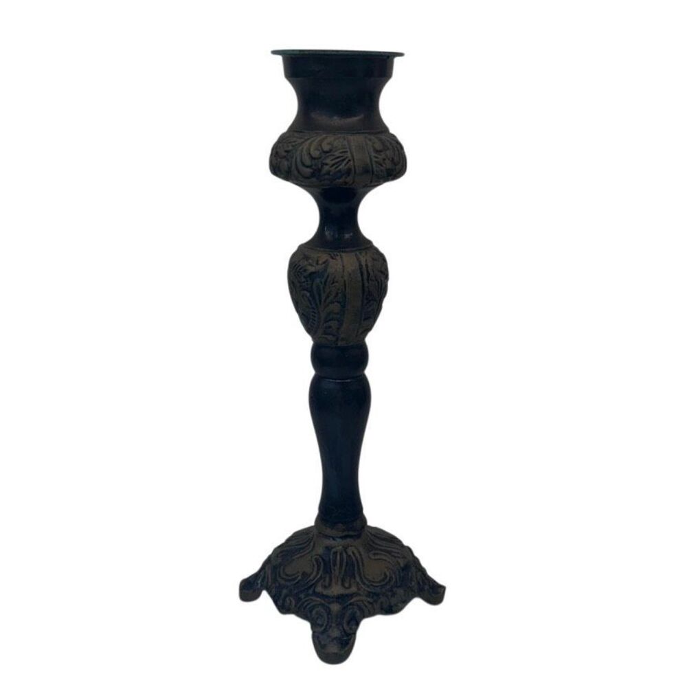 Vtg Made In India Pillar Candlestick Holder Green & Gray Footed Verdigris Trim